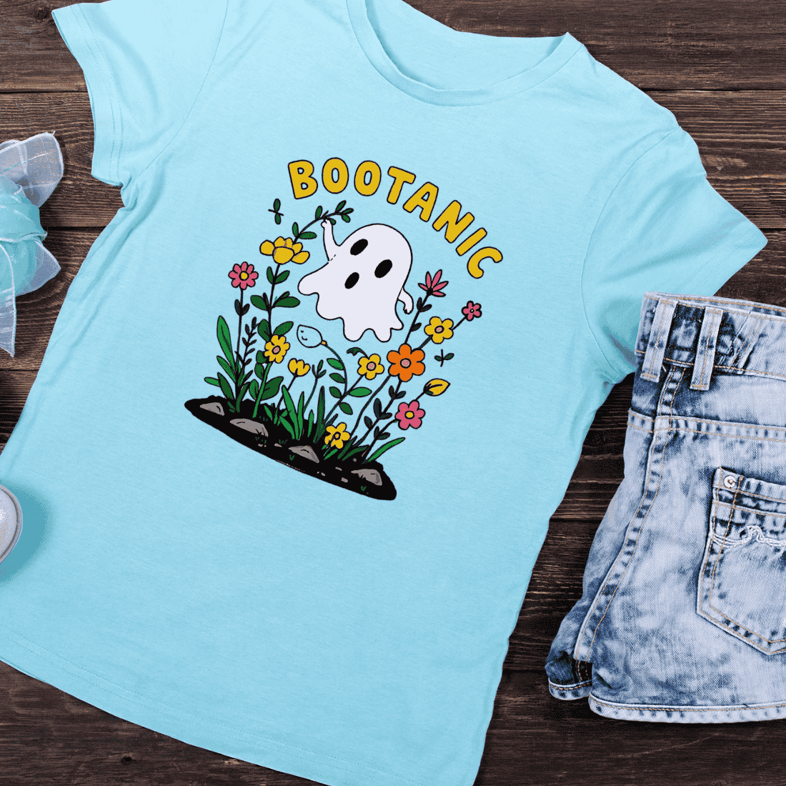 Bootanic Ghost with Flowers T-Shirt Design preview image.