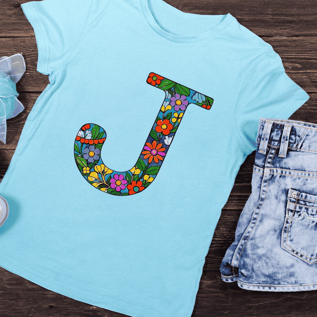 Vibrant Botanical J Letter T-Shirt Design preview image.