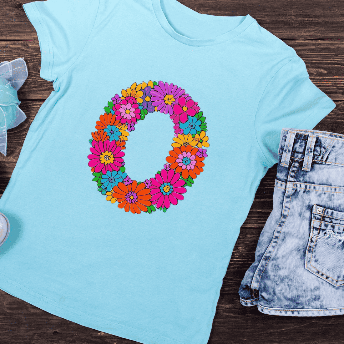 Retro Style Floral O Hippie Aesthetic T-Shirt Design preview image.