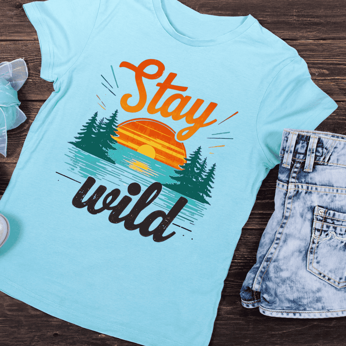 Vintage Sunset Over Lake and Trees T-Shirt Design preview image.