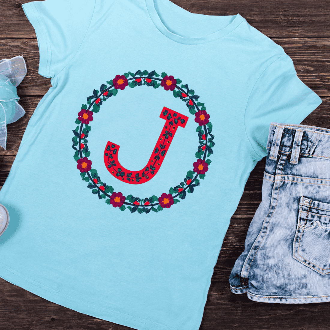 Folk Art Floral Letter J T-Shirt Design preview image.