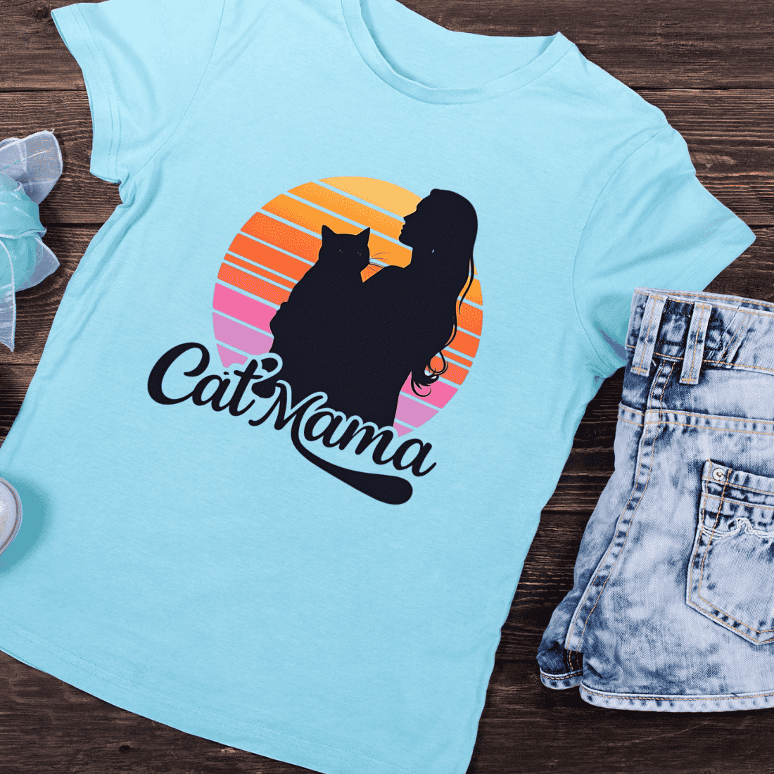 Cat Mama Retro Sunset Silhouette T-Shirt Design preview image.