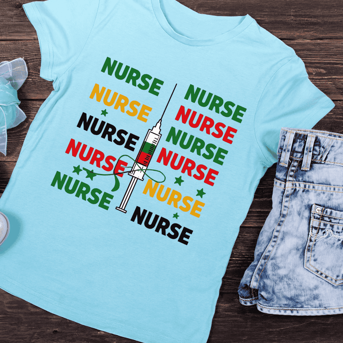 Nurse Repetition with Syringe and Ribbons T-Shirt Design preview image.