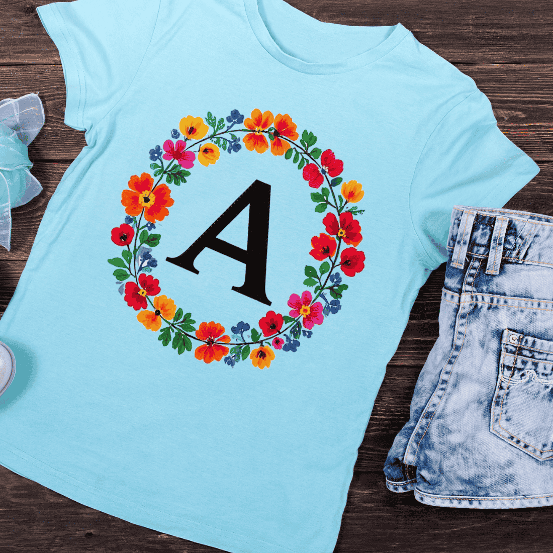Letter A in Colorful Floral Wreath Bright Blooms T-Shirt Design preview image.