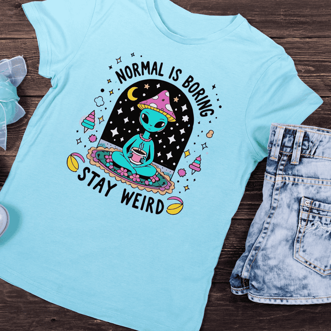 Weird Alien with Magic Mushrooms T-Shirt Design preview image.