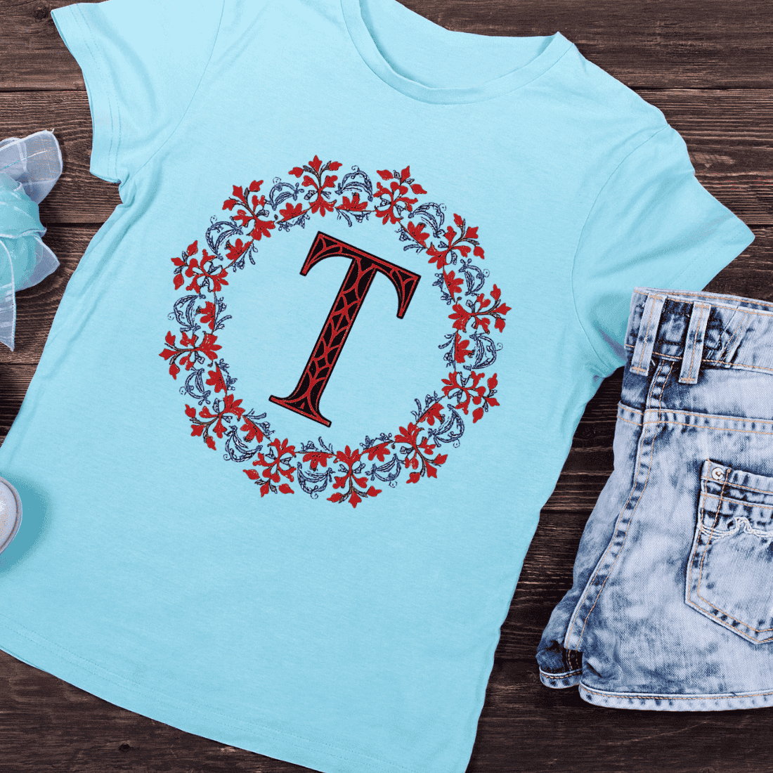 Ornate Floral Alphabet Letter T Wreath T-Shirt Design preview image.