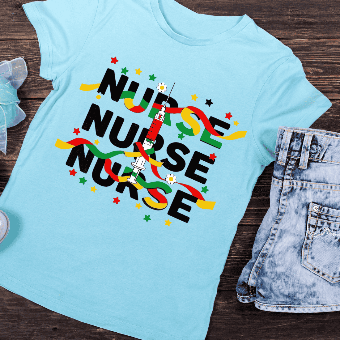 Medical Syringe with Layered Nurse and Colorful Accents T-Shirt Design preview image.