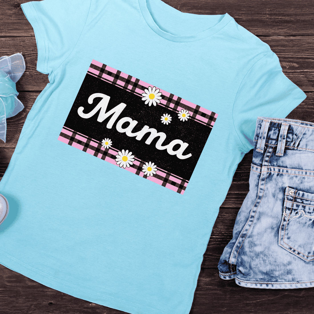 Mama Text with Floral Plaid Border T-Shirt Design preview image.
