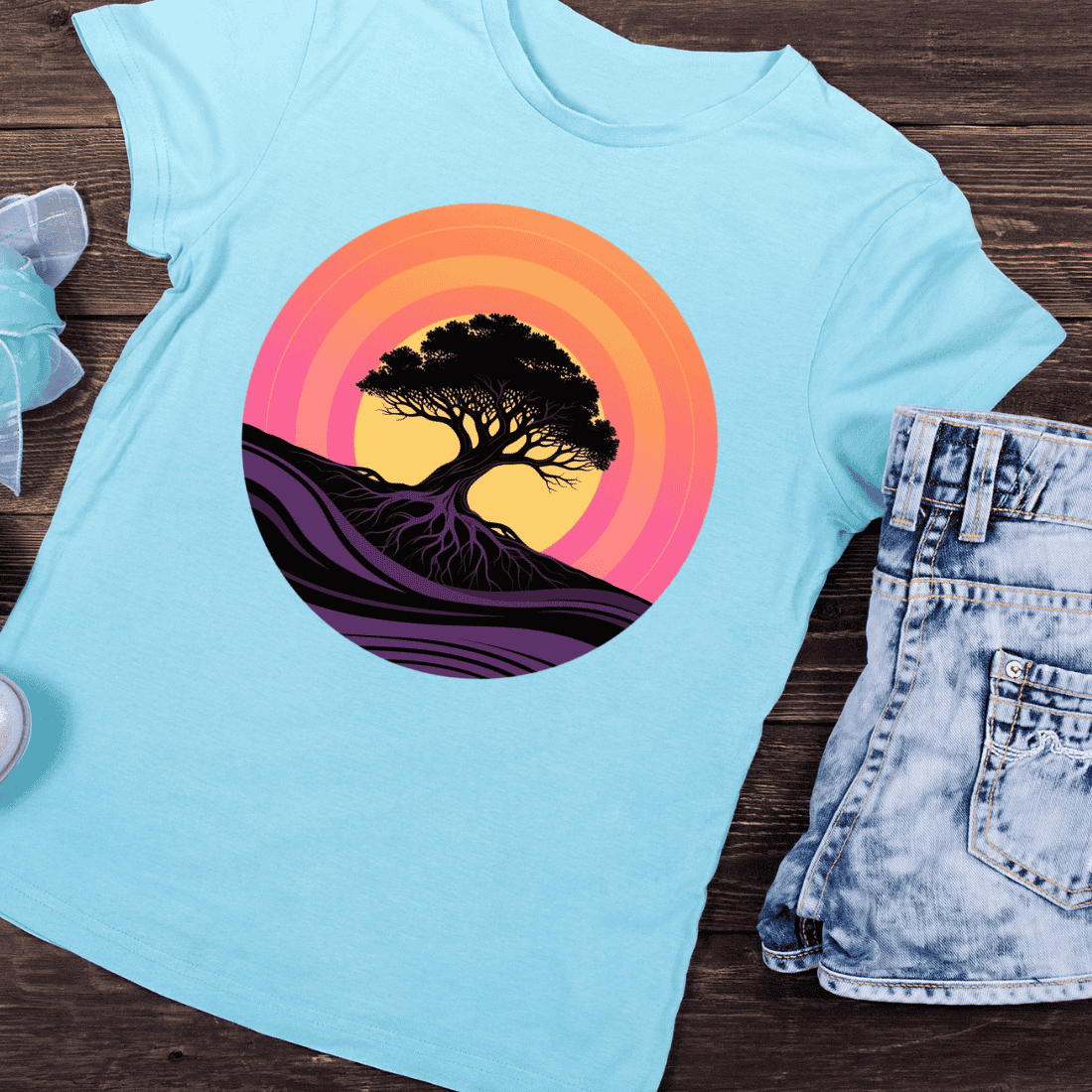 Tree Silhouette Sunset T-Shirt Design preview image.
