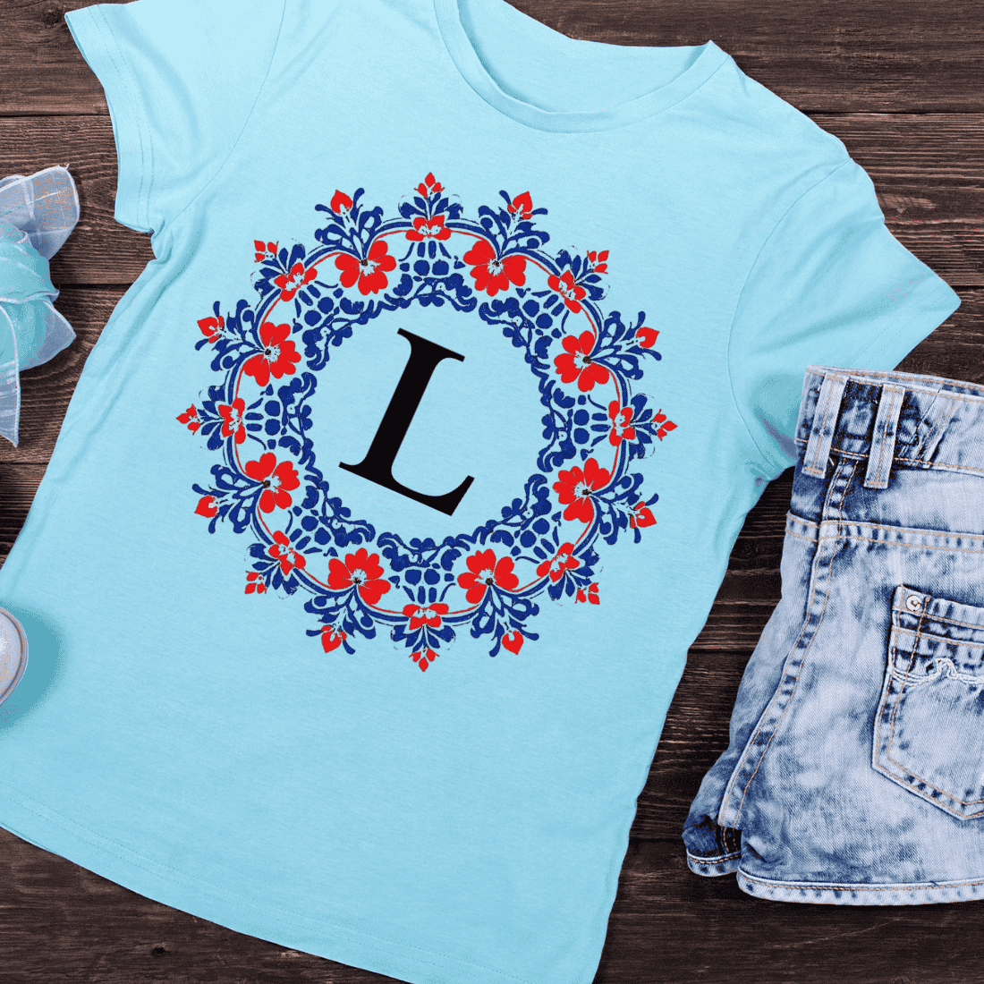 Letter L in Red and Blue Floral Wreath T-Shirt Design preview image.
