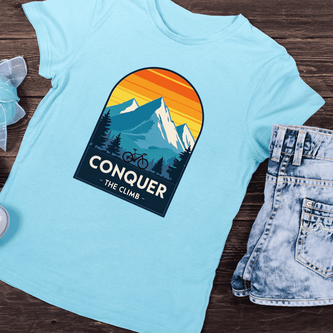 Conquer The Climb Mountain Bike T-Shirt Design preview image.