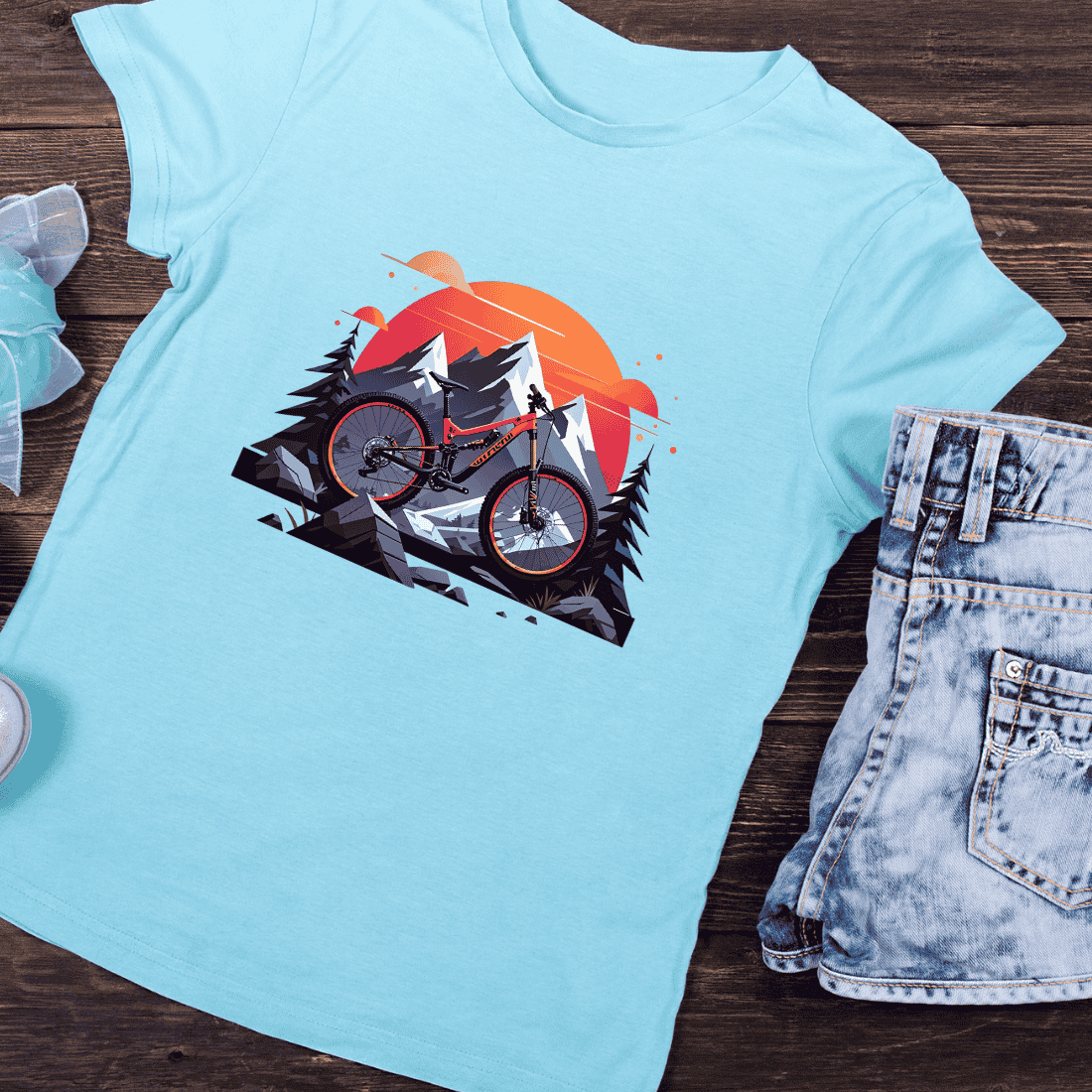 Mountain Bike in Mountain Scene T-Shirt Design preview image.