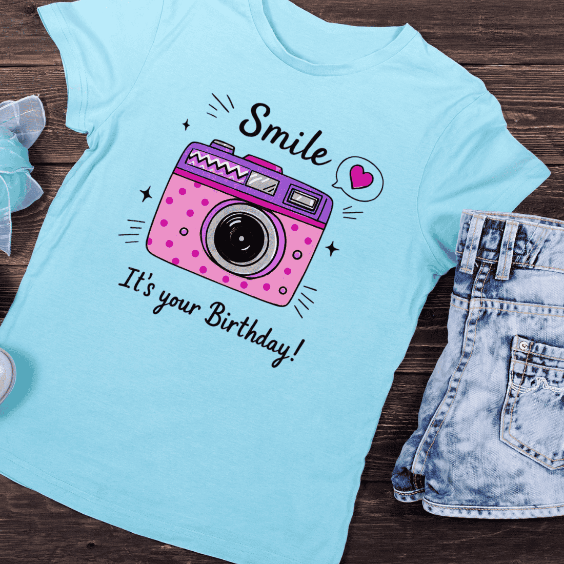 Festive Birthday Camera T-Shirt Design preview image.