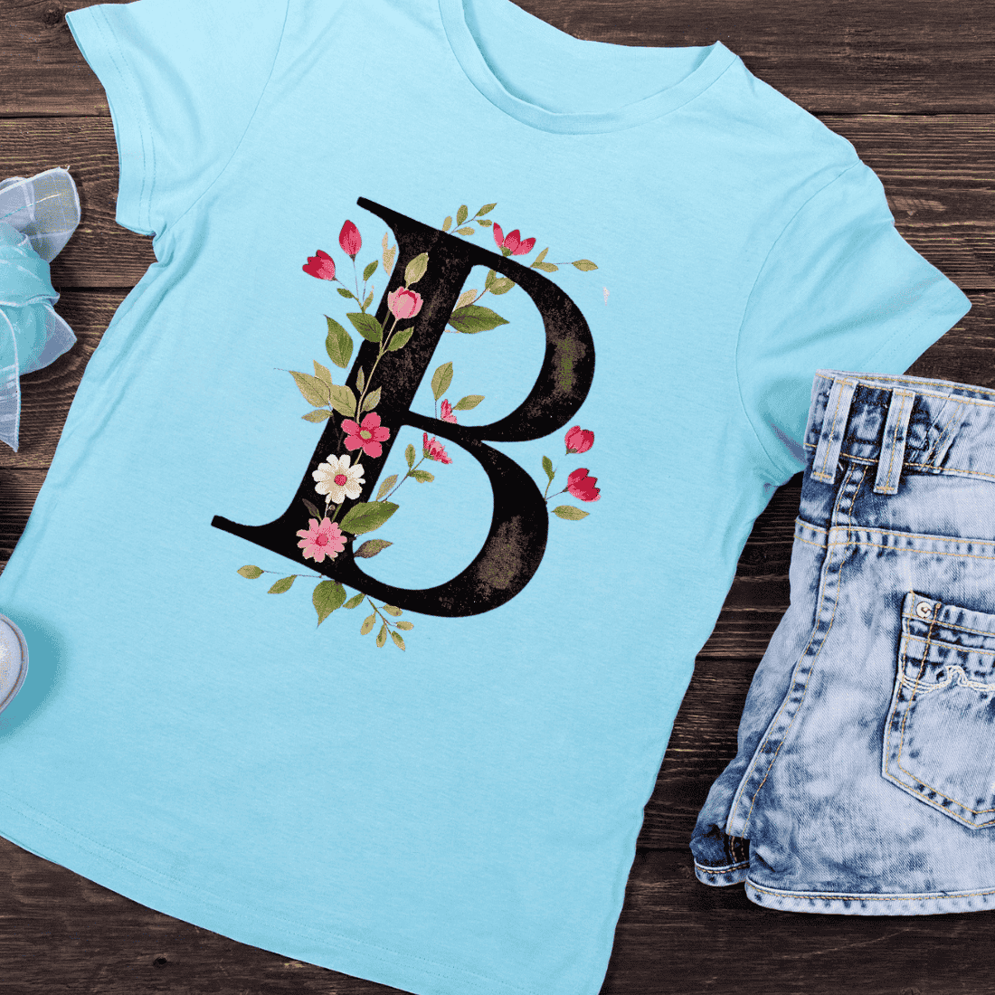 Elegant Floral Letter B Dark Botanical Monogram T-Shirt Design preview image.