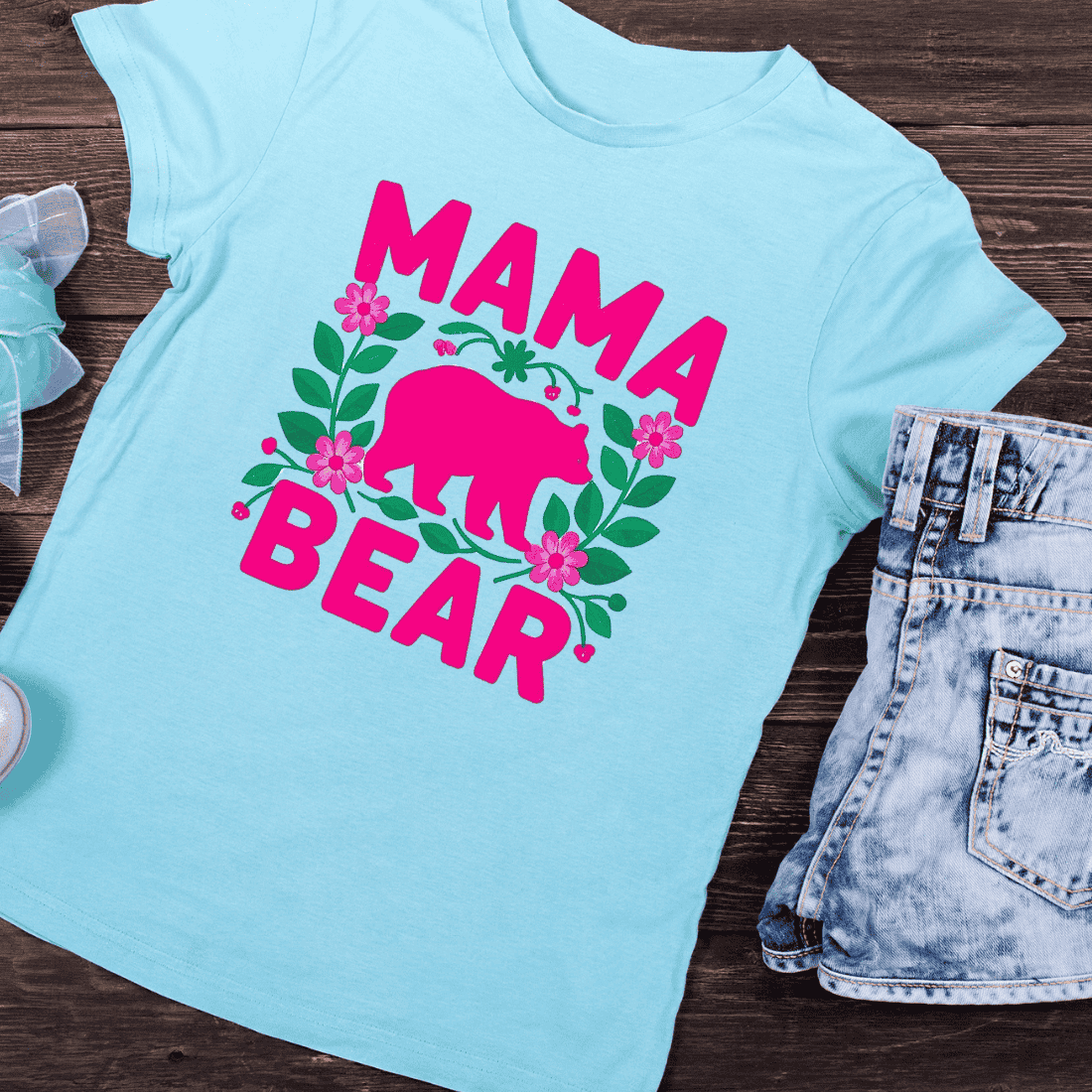 Pink Mama Bear Floral T-Shirt Design preview image.