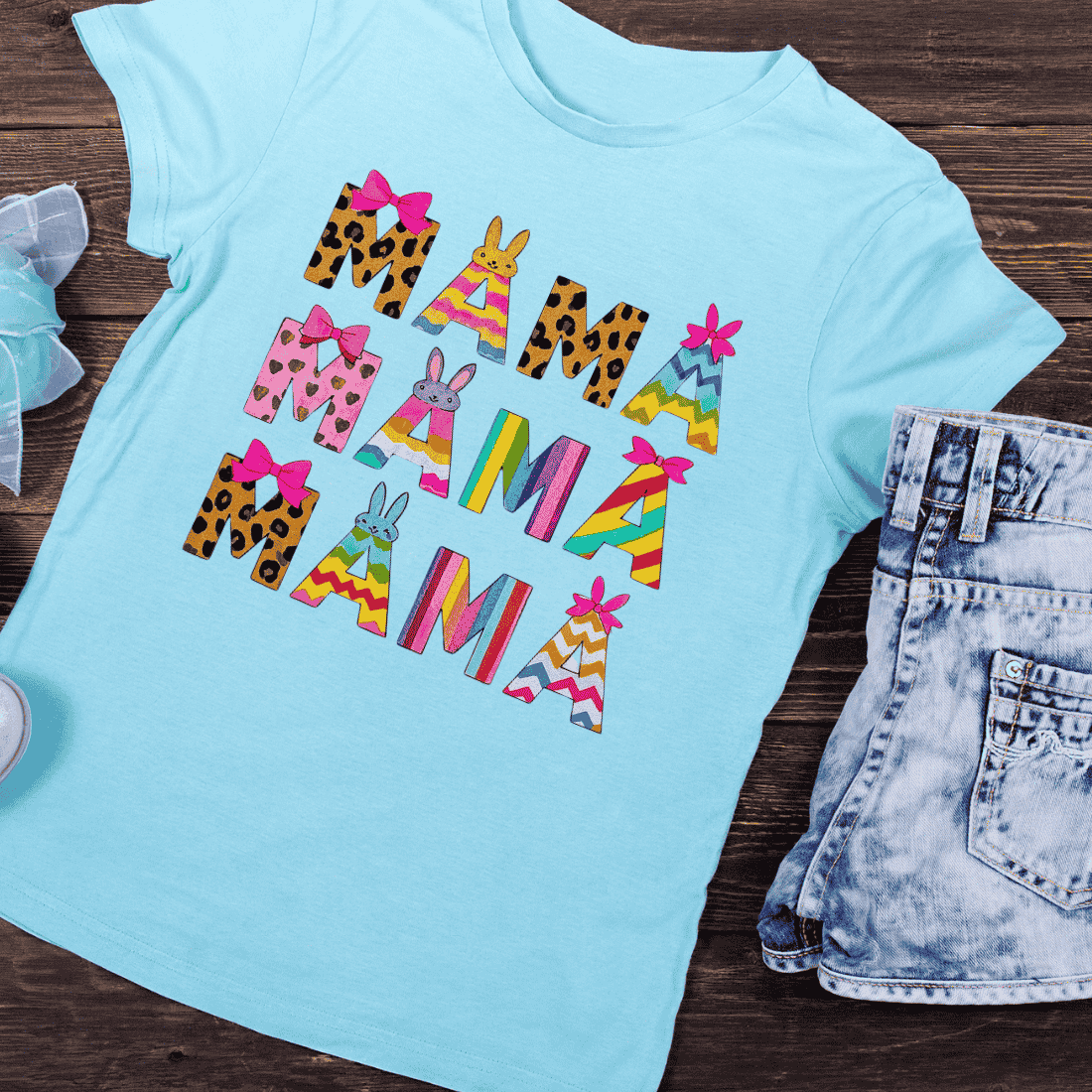 Decorative Mama Typography with Bows T-Shirt Design preview image.