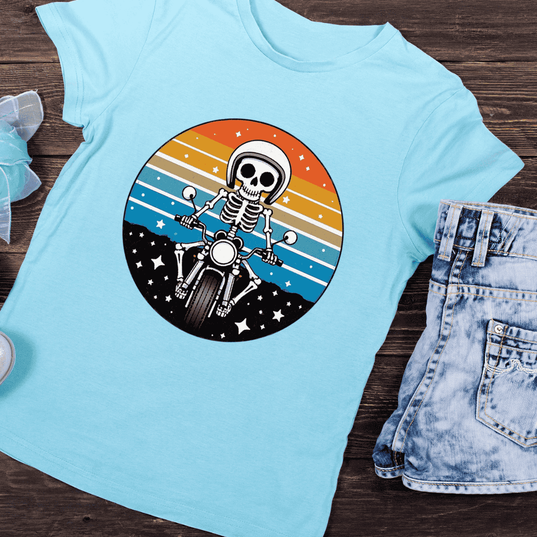 Skeleton Riding Motorcycle T-Shirt Design preview image.