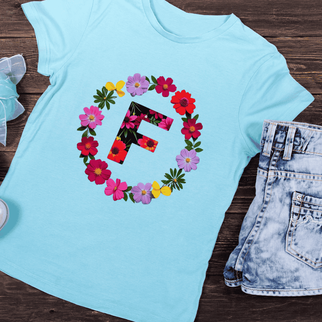 Alphabet F with Vibrant Blooms & Leaves T-Shirt Design preview image.