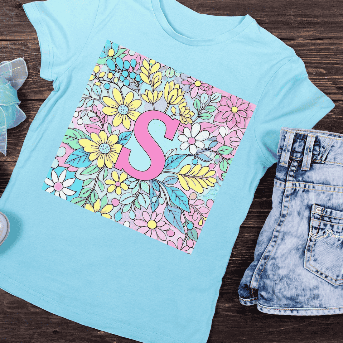 Colorful Floral Alphabet Letter S T-Shirt Design preview image.
