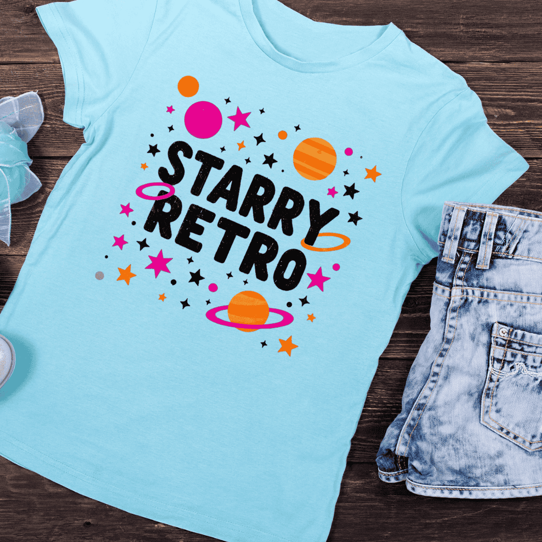 Starry Retro Space T-Shirt Design preview image.