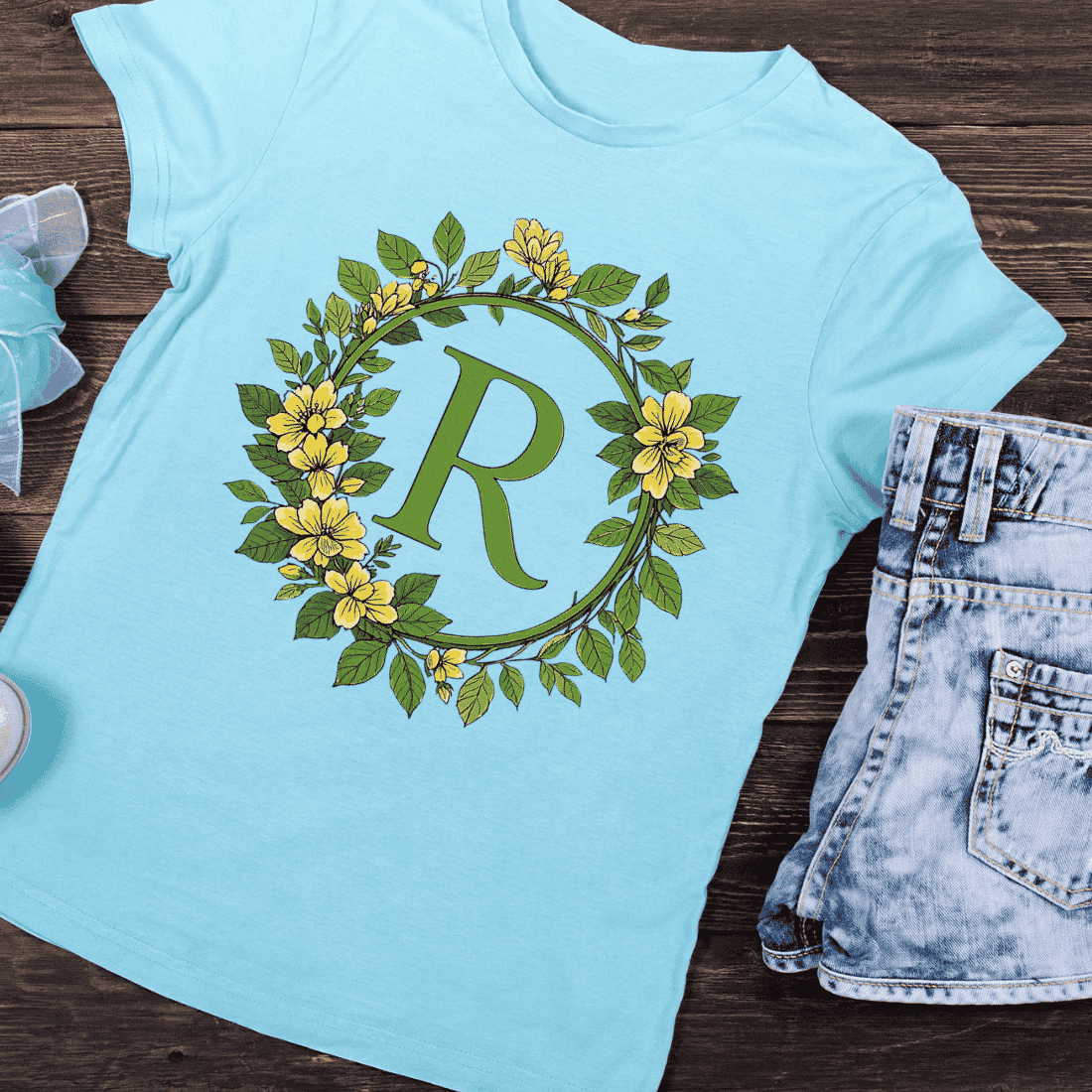 Floral Alphabet Letter R Wreath T-Shirt Design preview image.