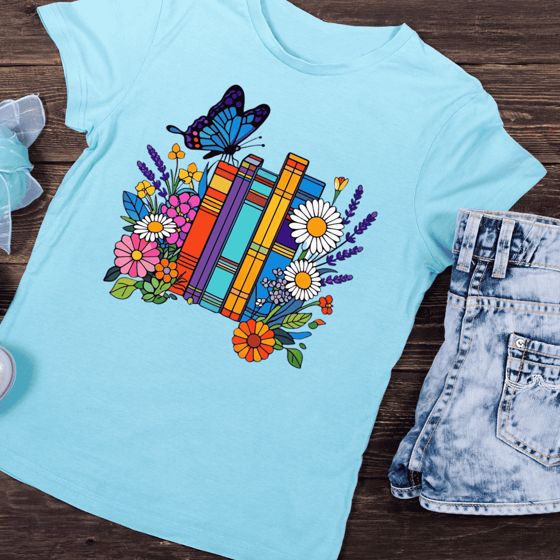 Books and Flowers with Butterfly T-Shirt Design preview image.