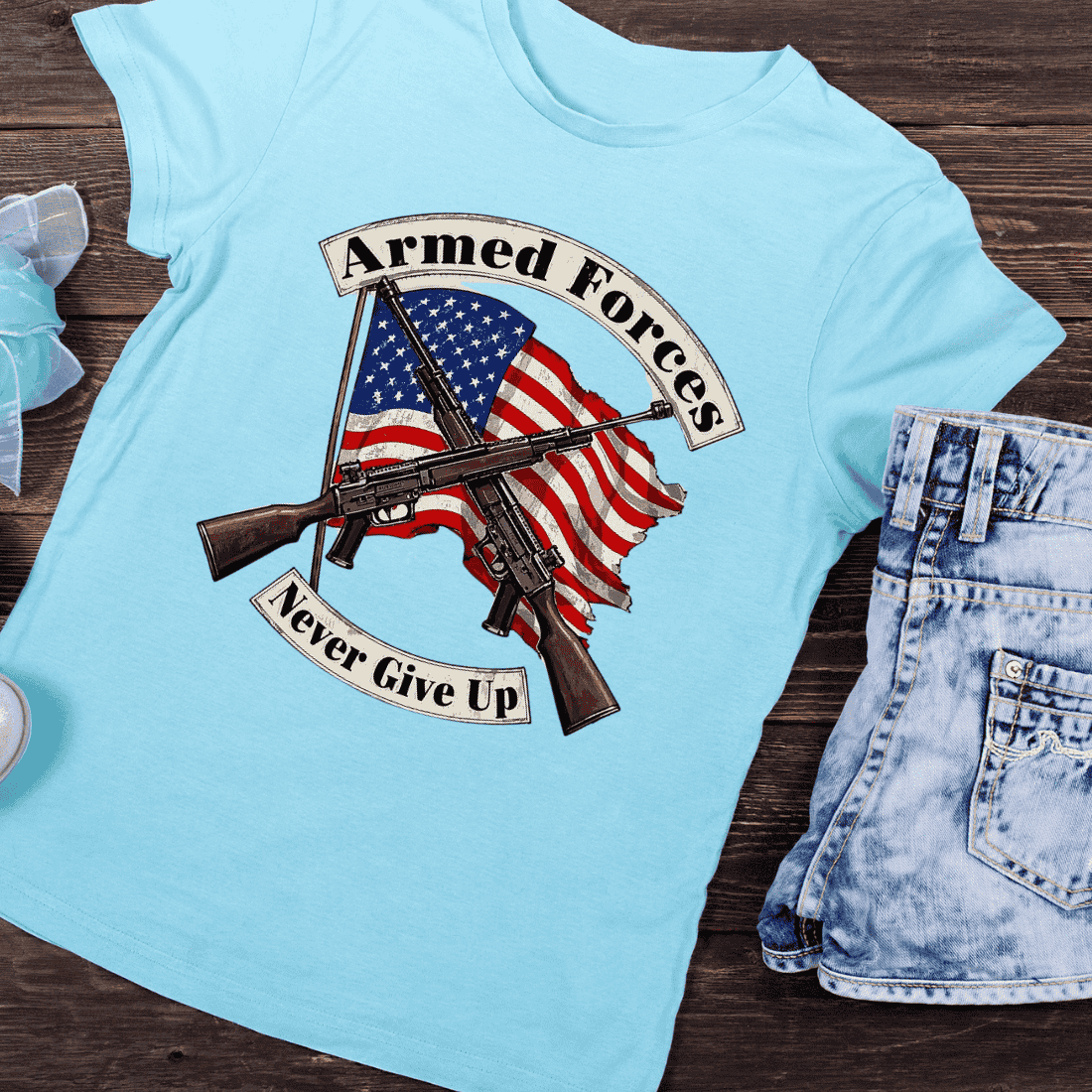 Armed Forces American Flag and Rifles T-Shirt Design preview image.