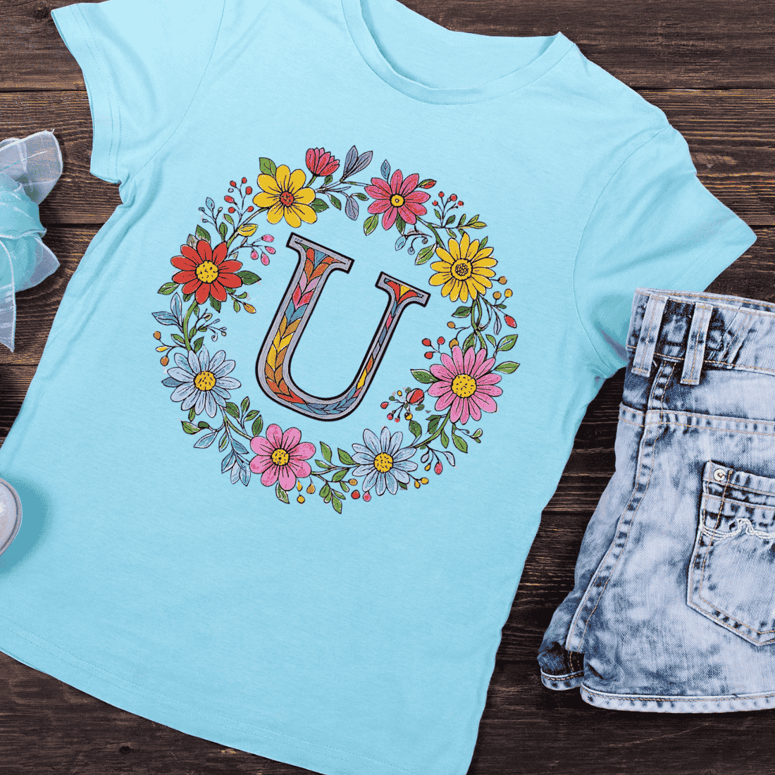 Colorful Floral Alphabet Letter U Wreath T-Shirt Design preview image.