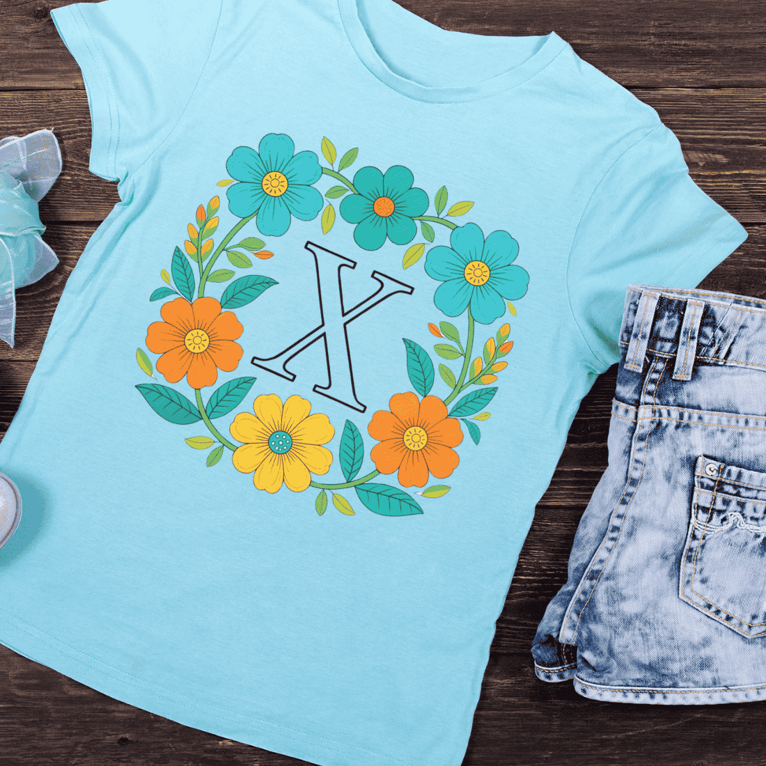 Colorful Floral Letter X Frame - Bright Blooms T-Shirt Design preview image.