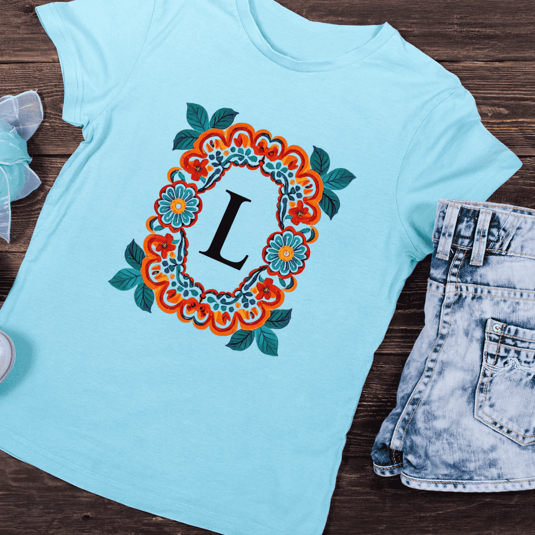 Vibrant Floral Wreath Monogram L T-Shirt Design preview image.