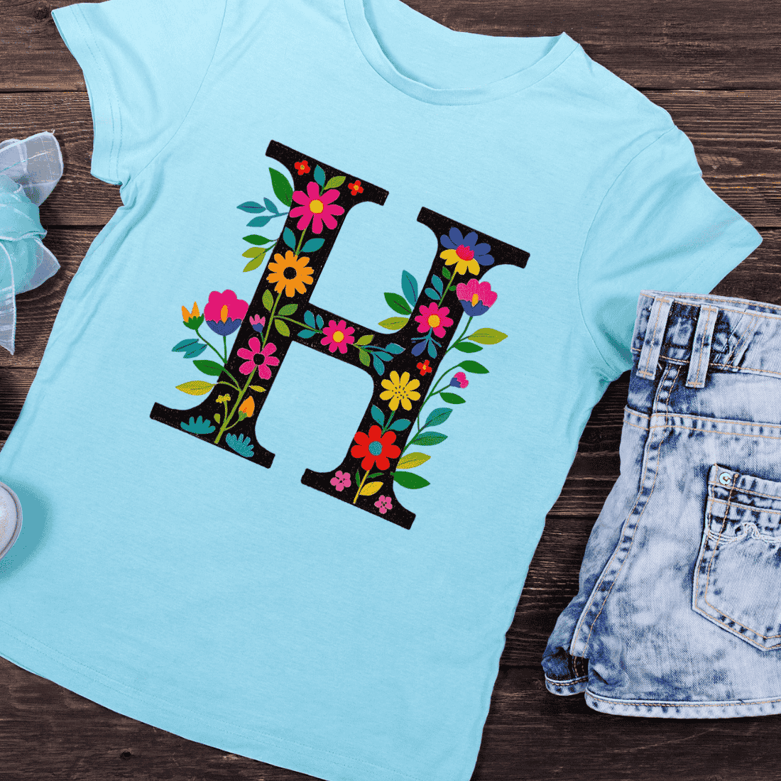 H Letter Floral T-Shirt Design preview image.