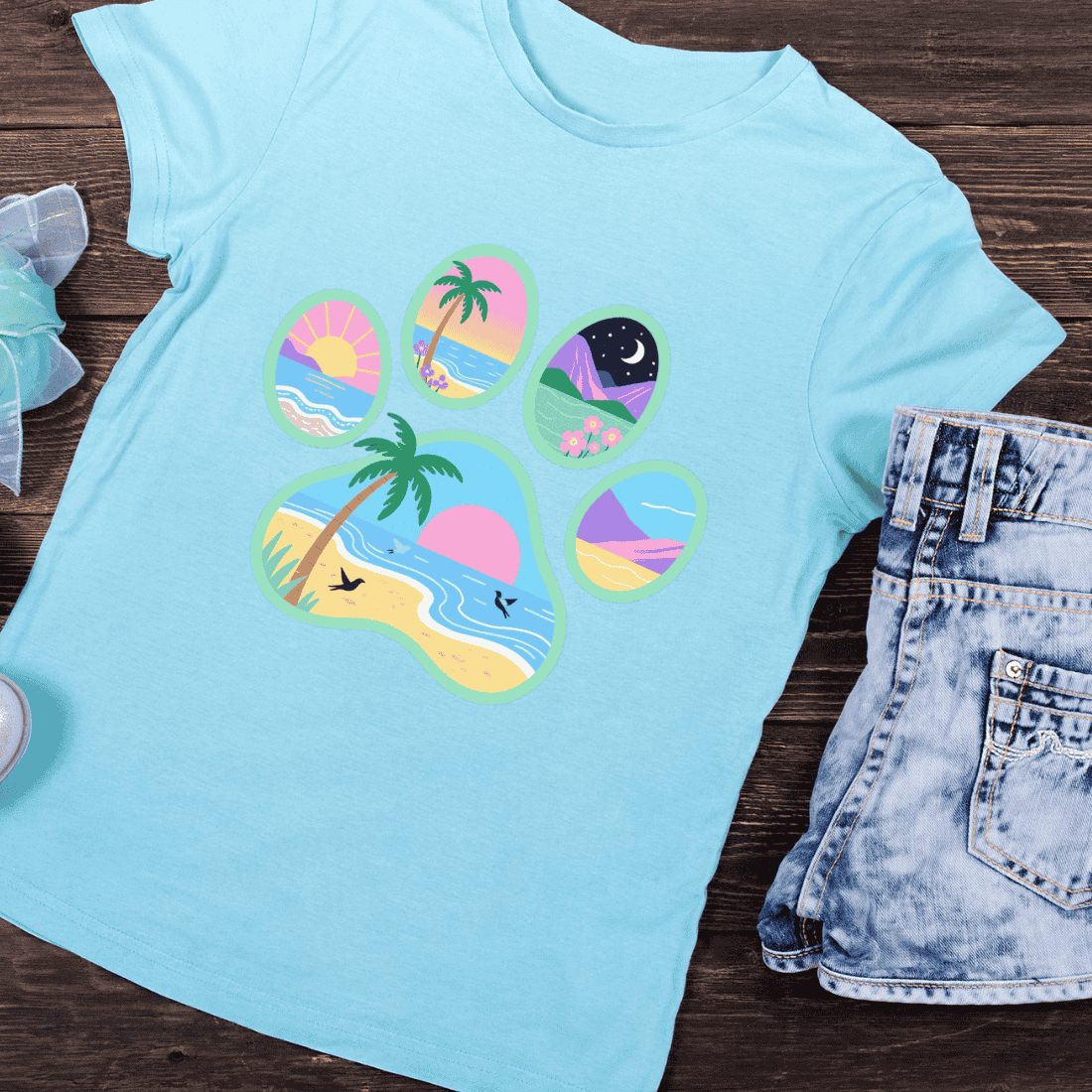 Colorful Paw Print Collage of Tropical Beaches T-Shirt Design preview image.