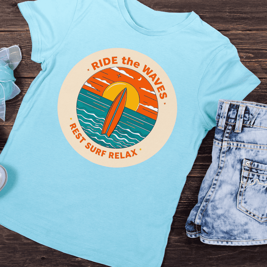 Ride the Waves Rest Surf Relax Circle T-Shirt Design preview image.