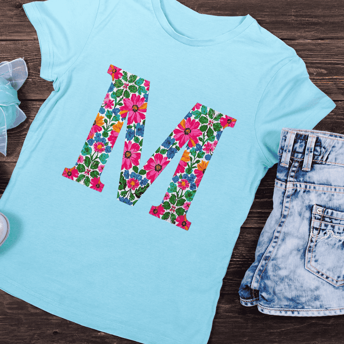 Bright Flower Filled Initial M T-Shirt Design preview image.