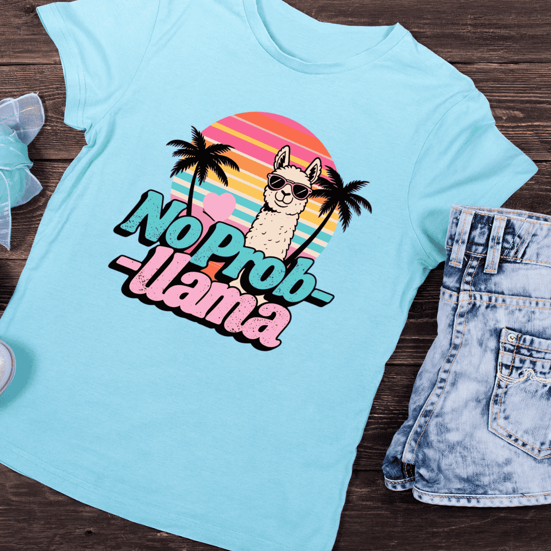 No Prob-llama Retro Beach T-Shirt Design preview image.