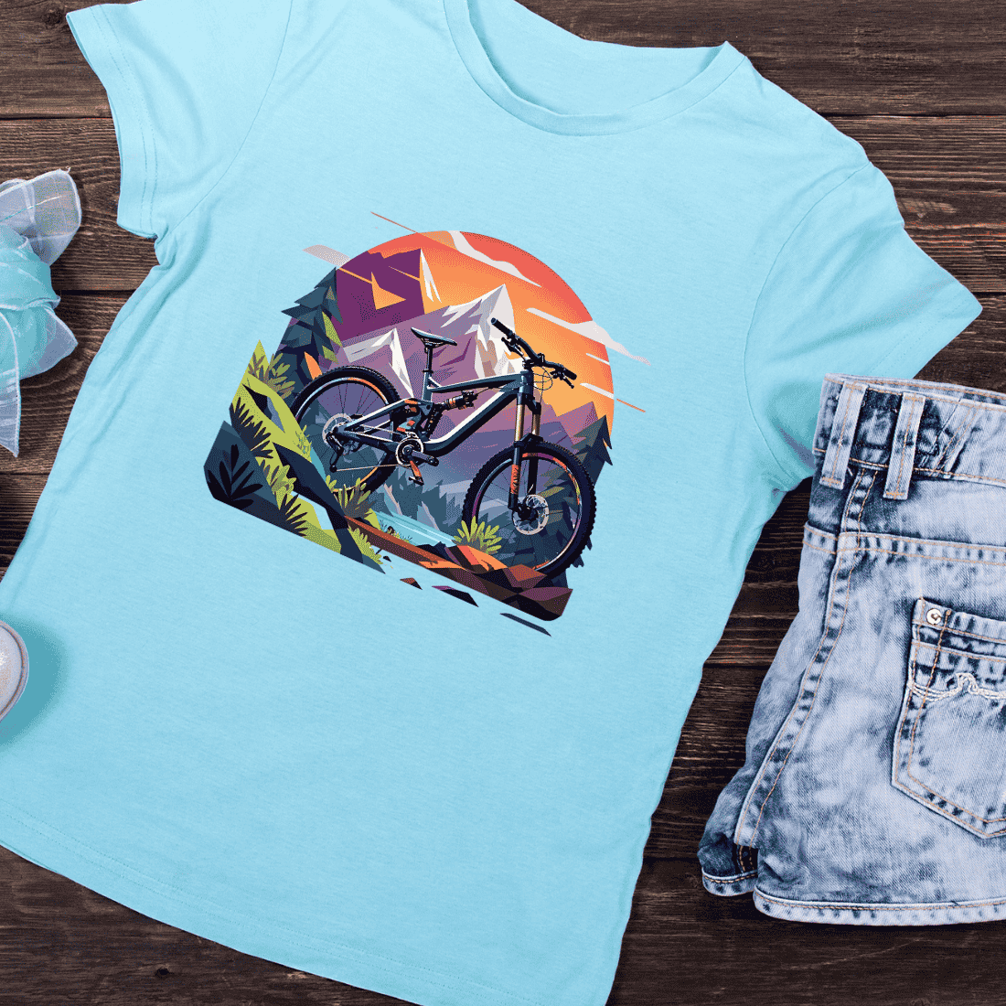 Bike and Mountain Peaks T-Shirt Design preview image.