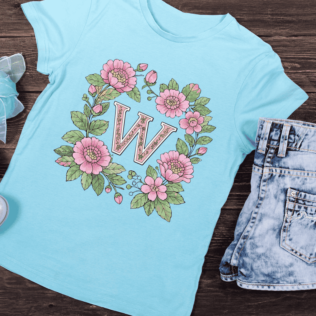Elegant W Initial in Warm Floral Frame T-Shirt Design preview image.