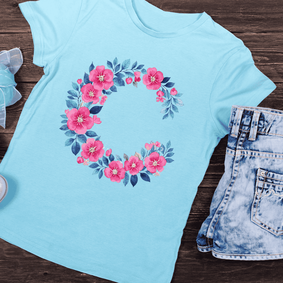 Floral C Vibrant Pink Flowers & Blue Leaves T-Shirt Design preview image.