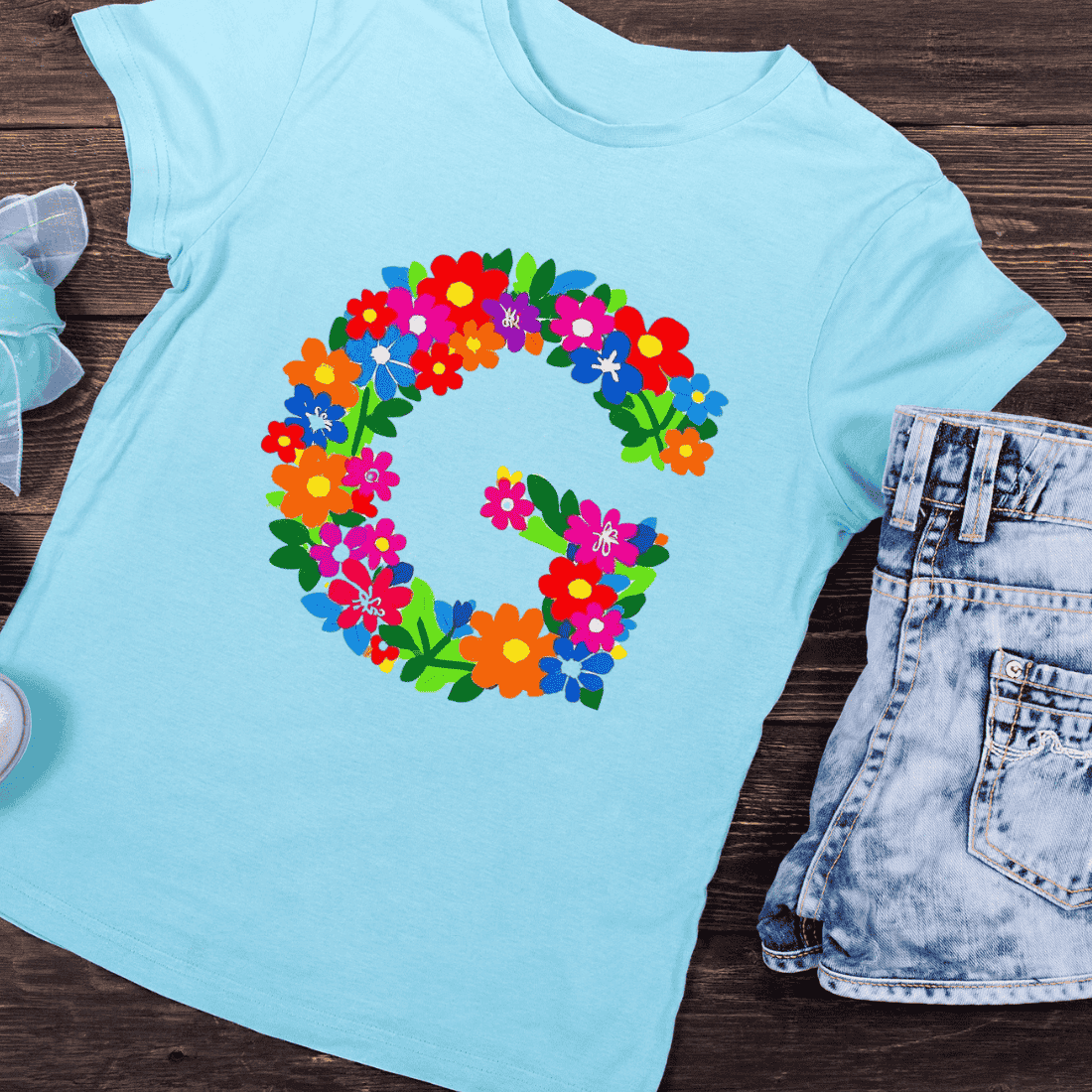 Decorated Alphabet G with Flowers T-Shirt Design preview image.