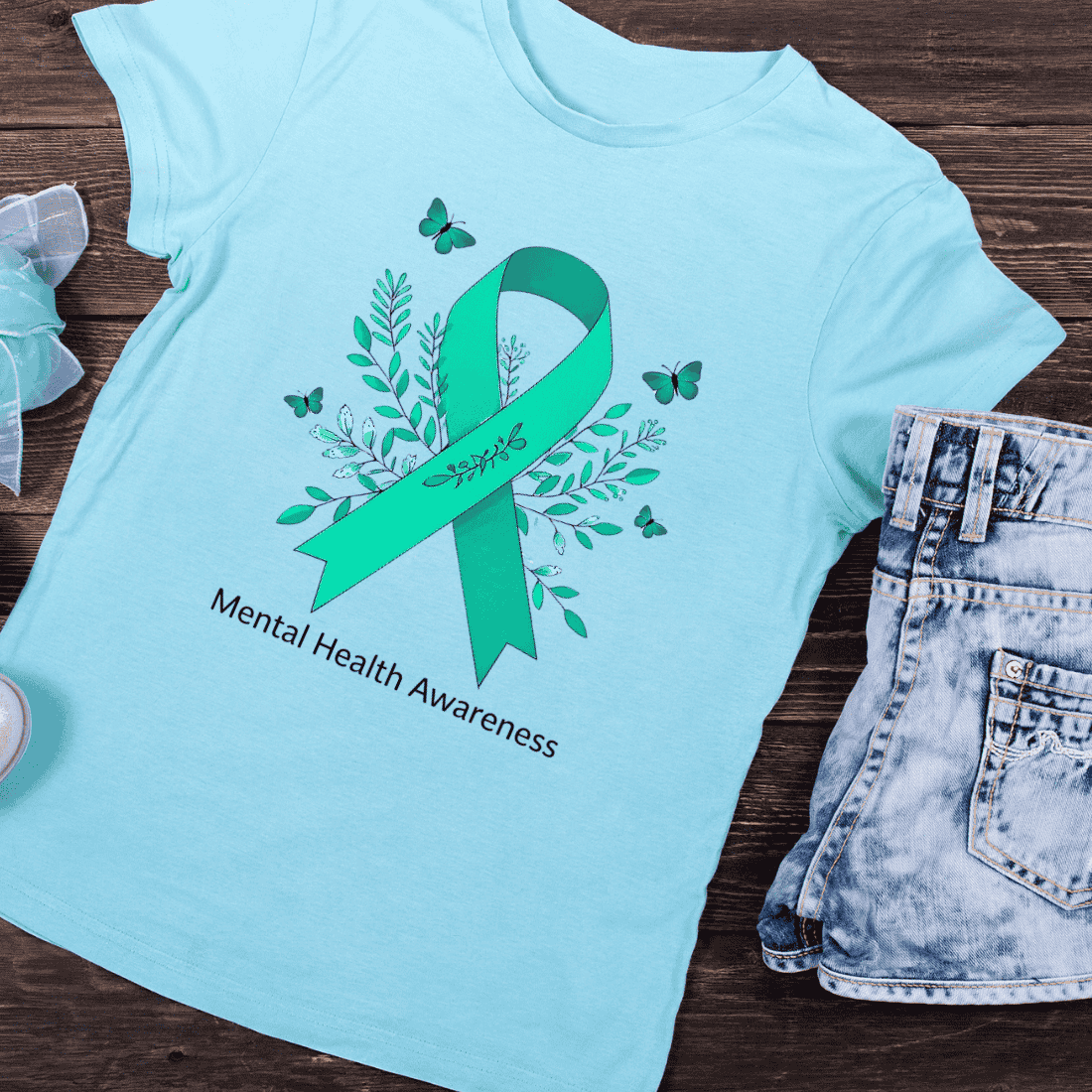 Mental Health Awareness Month Green Ribbon T-Shirt Design preview image.