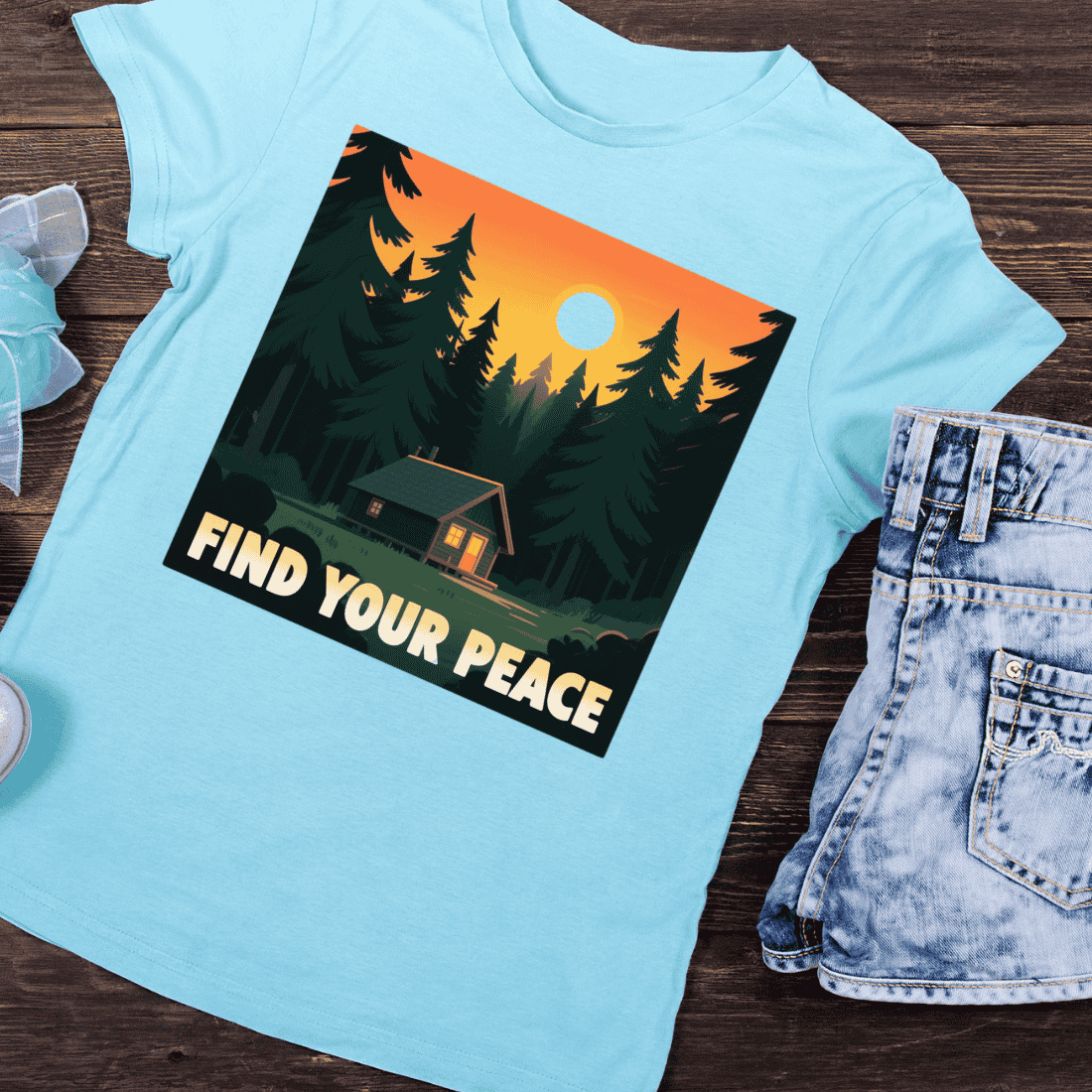 Find Your Peace Cabin in Woods T-Shirt Design preview image.