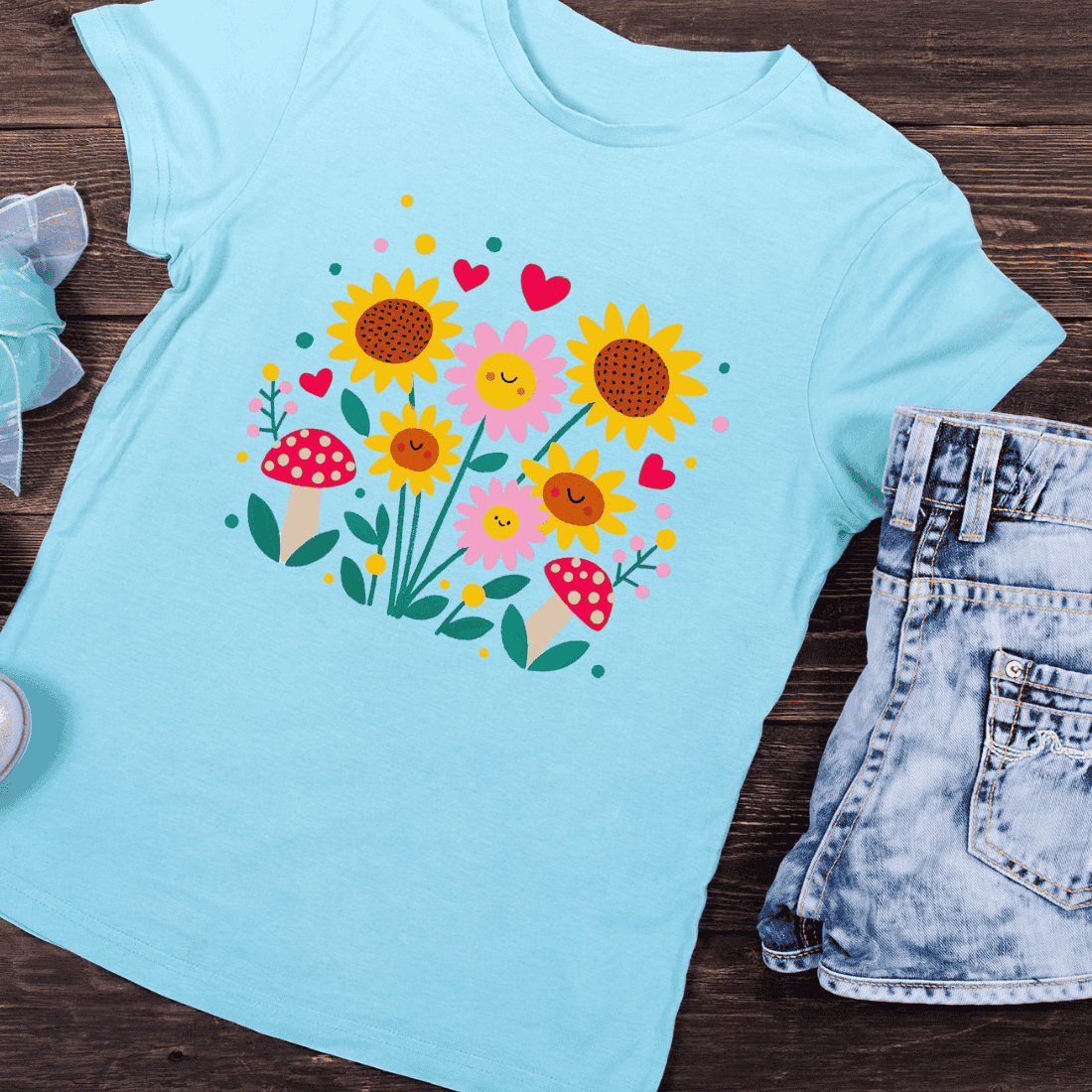 Happy Flower Mushroom Garden T-Shirt Design preview image.