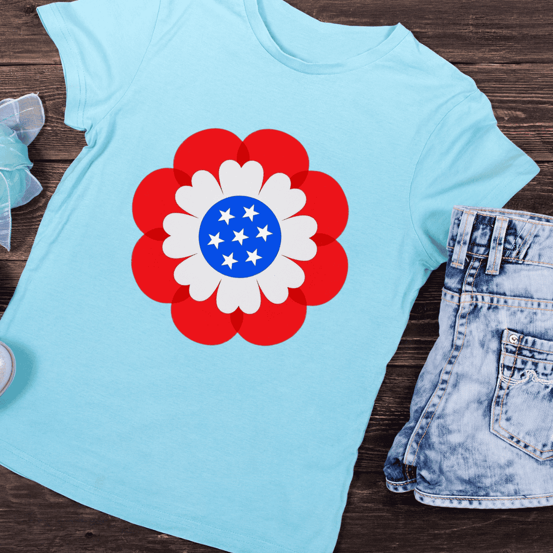 Patriotic Flower Red White Blue Stars T-Shirt Design preview image.