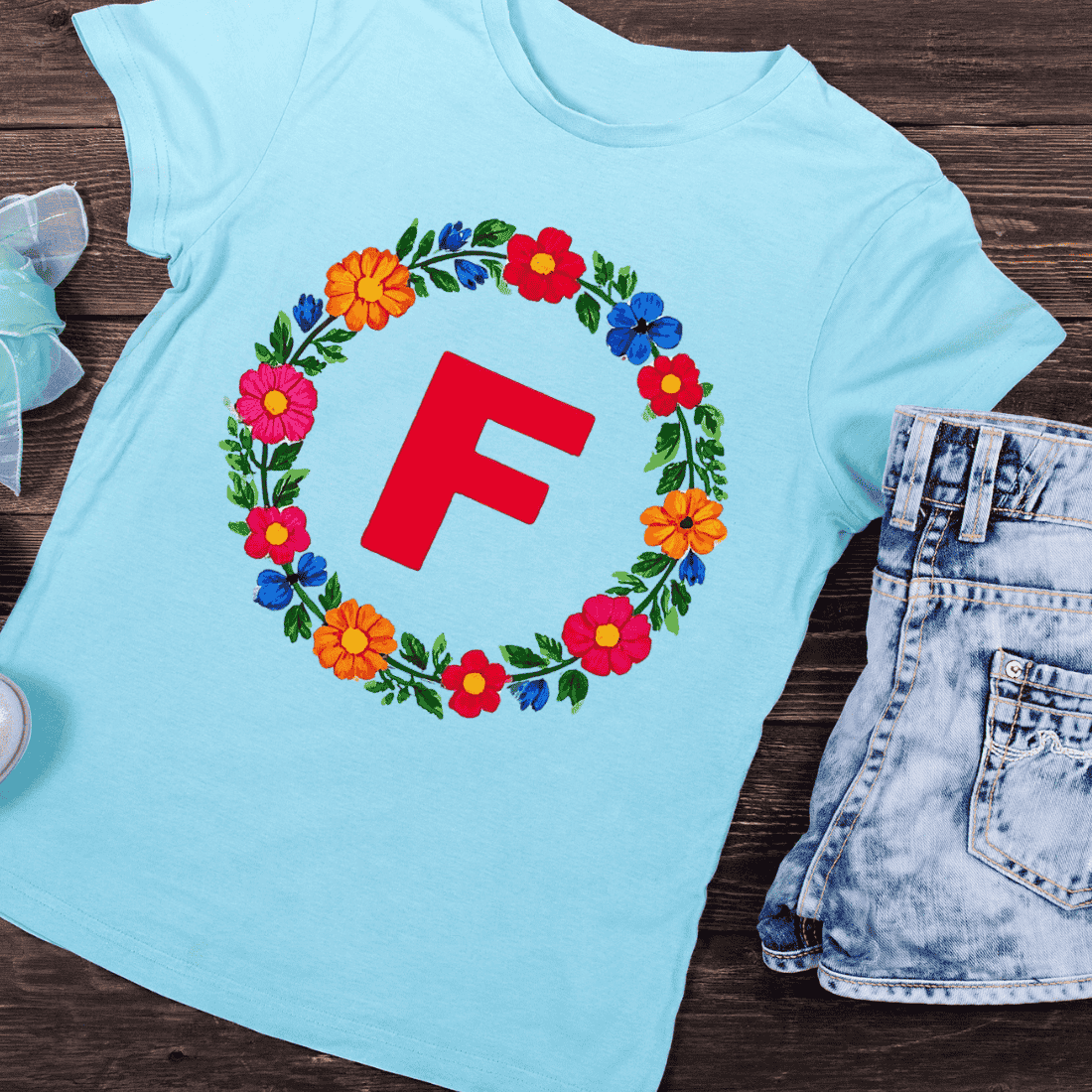 Bold Floral Letter F Colorful Flower Wreath T-Shirt Design preview image.