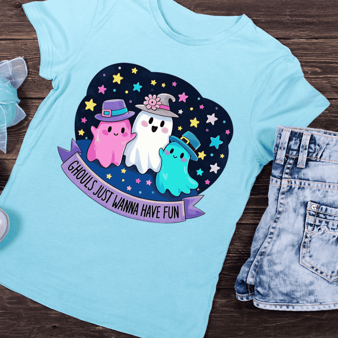 Cute Ghosts Having Fun T-Shirt Design preview image.