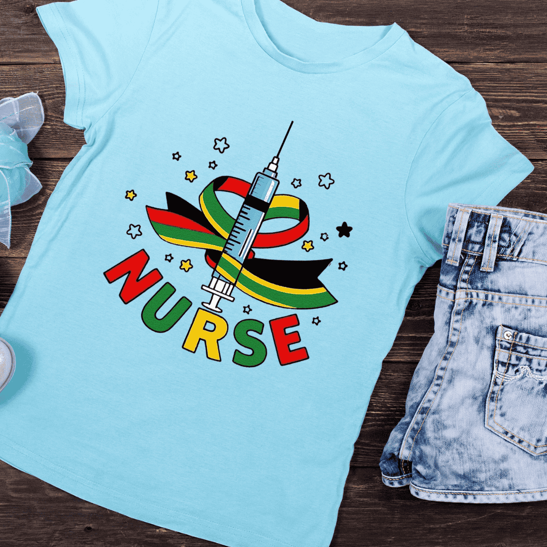 Nurse with Syringe and Flowers T-Shirt Design preview image.