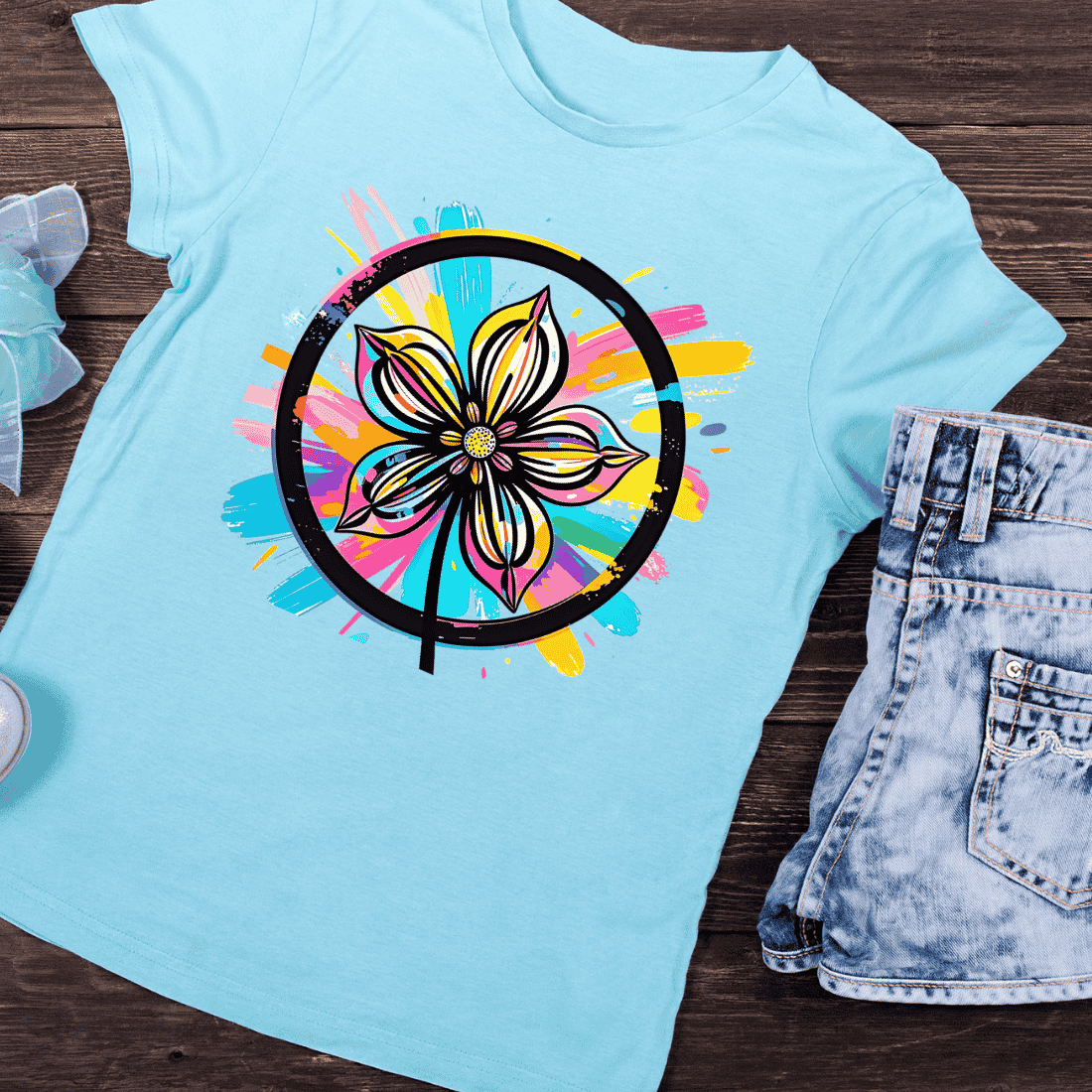 Abstract Colorful Flower in Circle T-Shirt Design preview image.