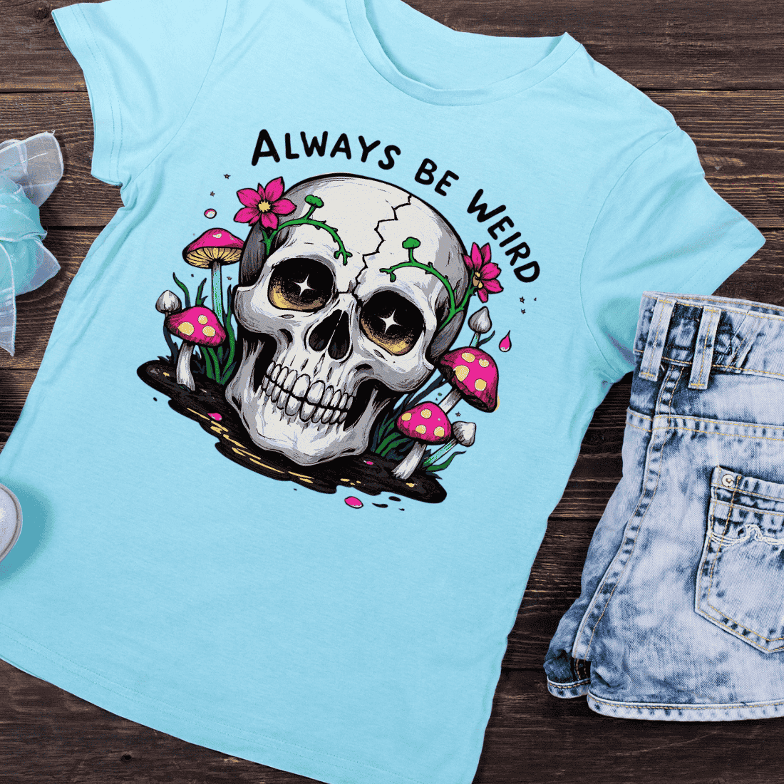 Always Be Weird Skull Mushroom T-Shirt Design preview image.