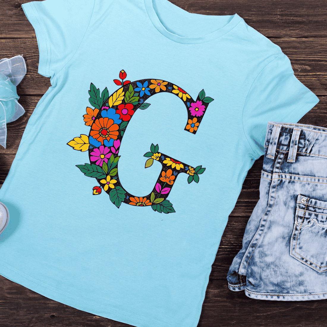 Spring Flower G Alphabet T-Shirt Design preview image.