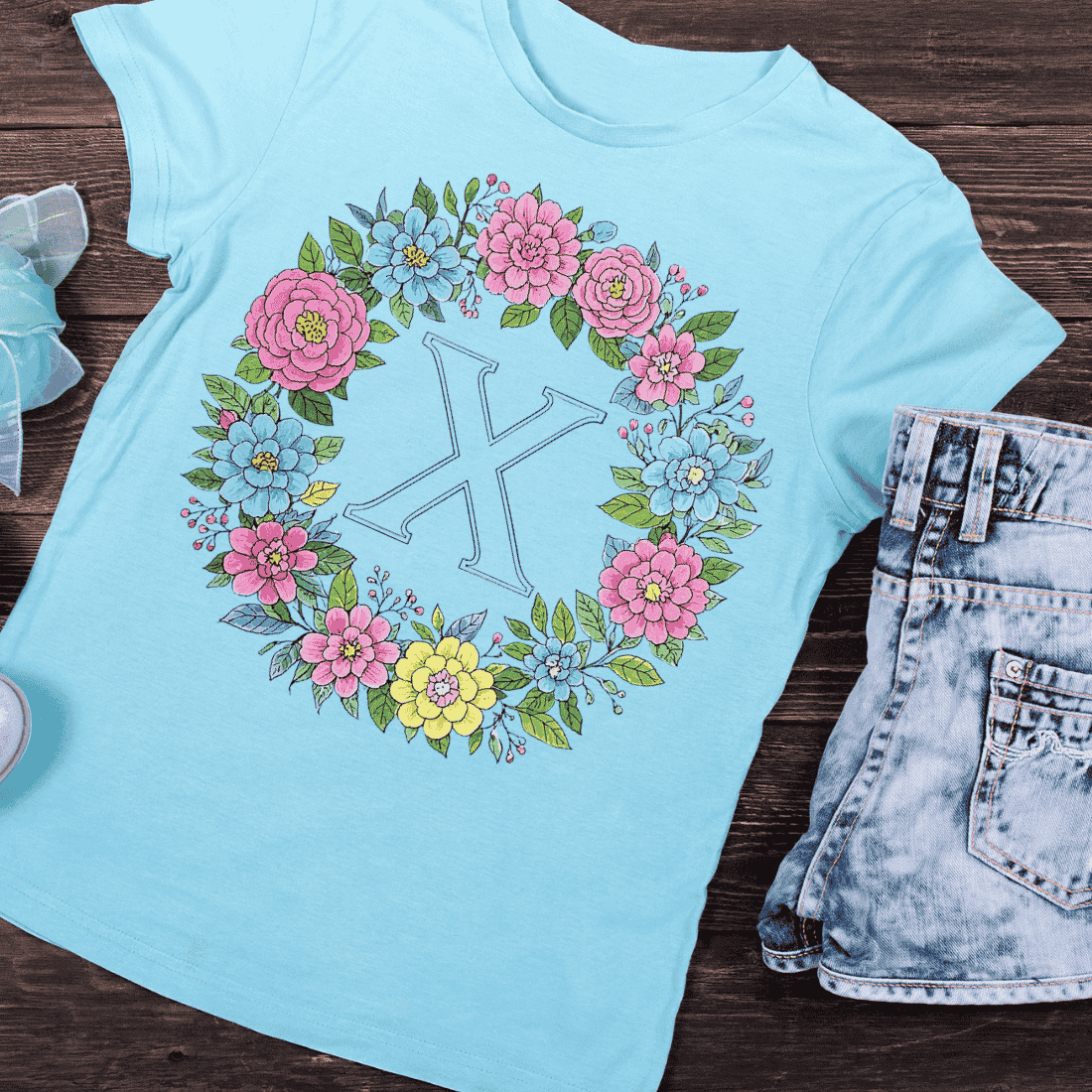Colorful Letter X in Decorative Floral Circle T-Shirt Design preview image.